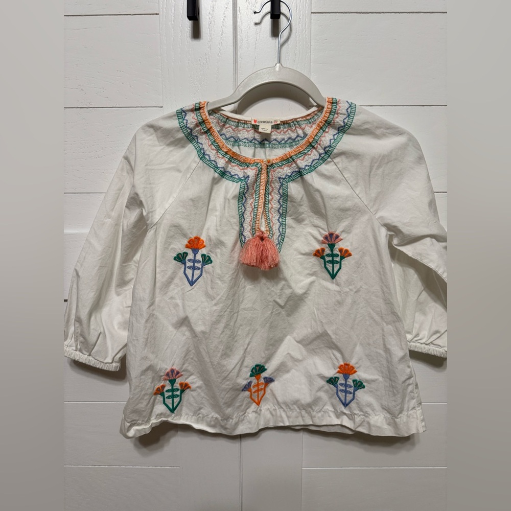 Crewcuts Embroidered White and Orange Blouse with Tassel Tie